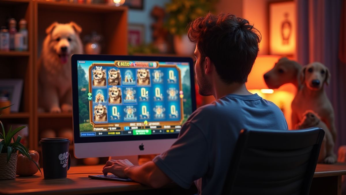 Spieler genießt ein Spielautomaten mit Hundethema.