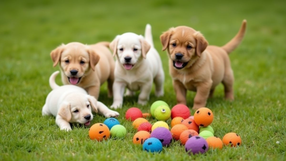 Hondenspeelgoed verspreid over gras met speelse puppy's in de buurt.