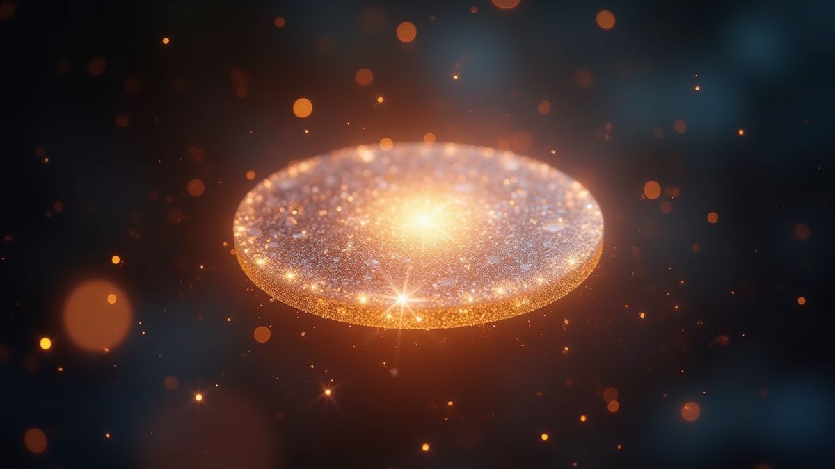 Disco de platino flotante rodeado de destellos