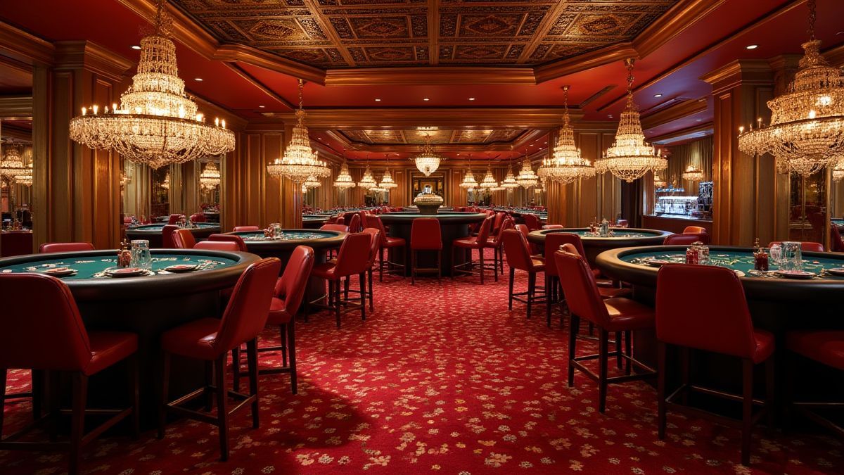 Salón de casino con decoración metálica y lámparas de araña