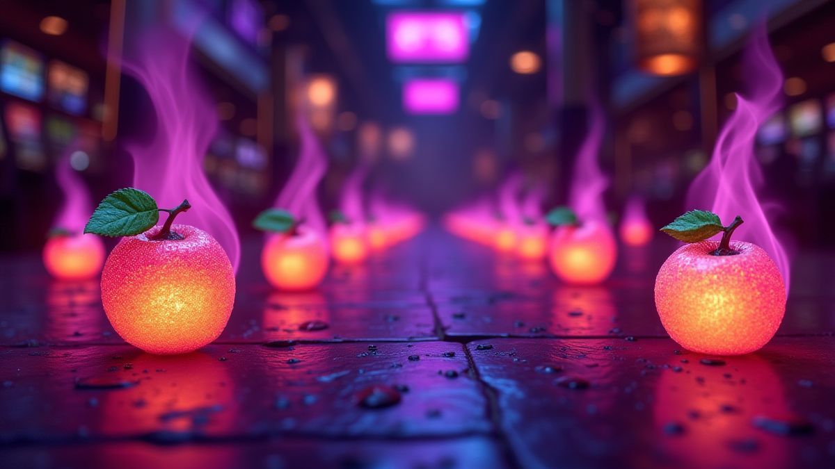 Casino iluminado com símbolos de frutas e chamas roxas.