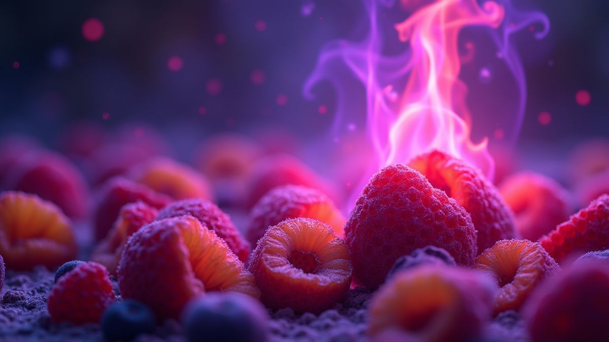 Frutas coloridas y llamas púrpuras en un entorno mágico
