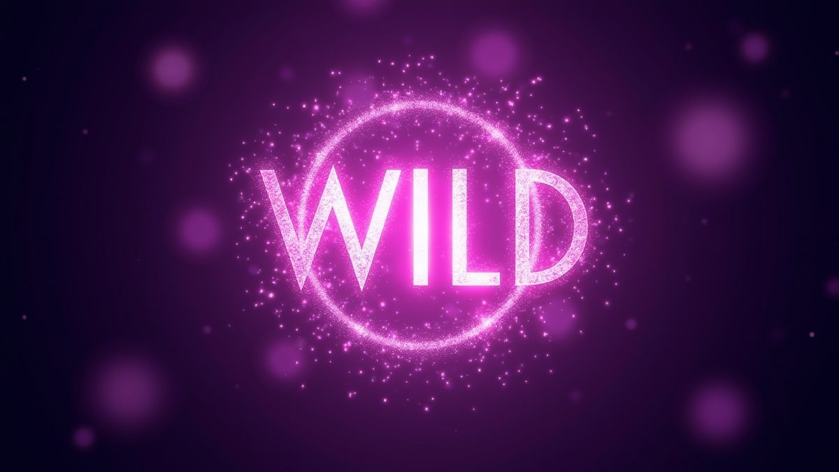 Símbolo Wild brillante rodeado de chispas púrpuras