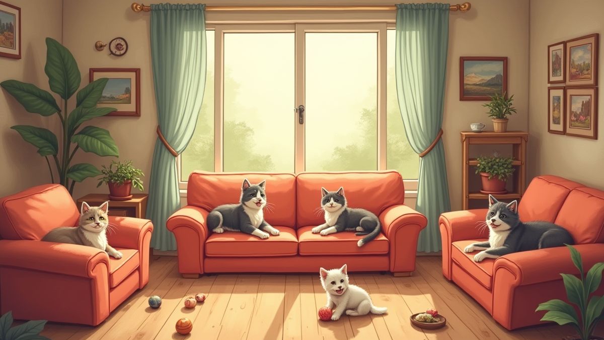 Animated room with cats and dogs playing.