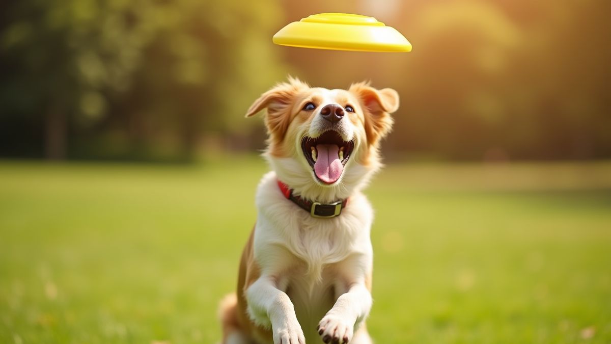 Happy dog jumping to catch a frisbee.