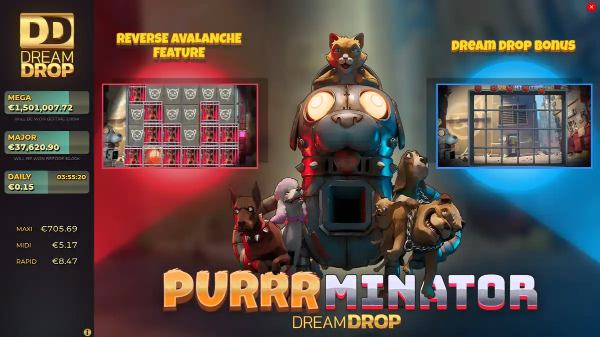 Pantalla de introducción de Purrrminator Dream Drop que muestra Reverse Avalanche y la bonificación Dream Drop