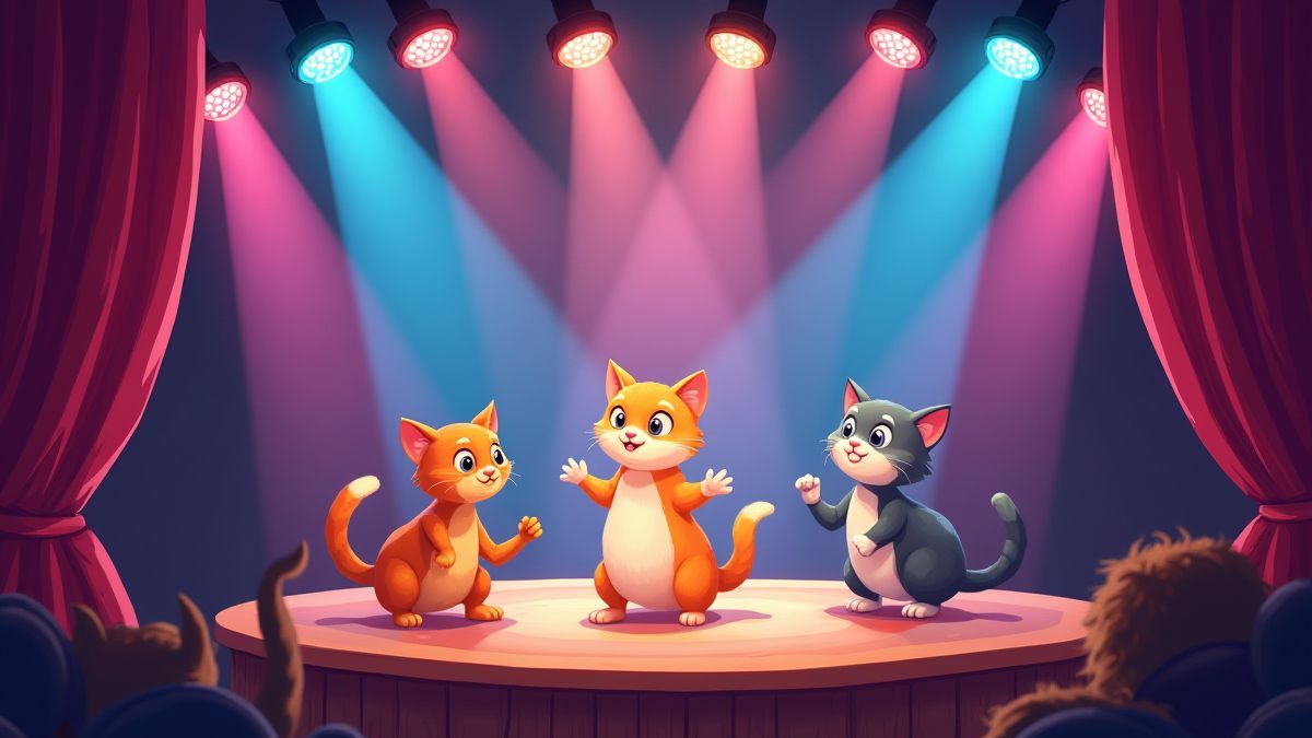 Ilustración animada de gatos actuando en un escenario lleno de luces vibrantes.
