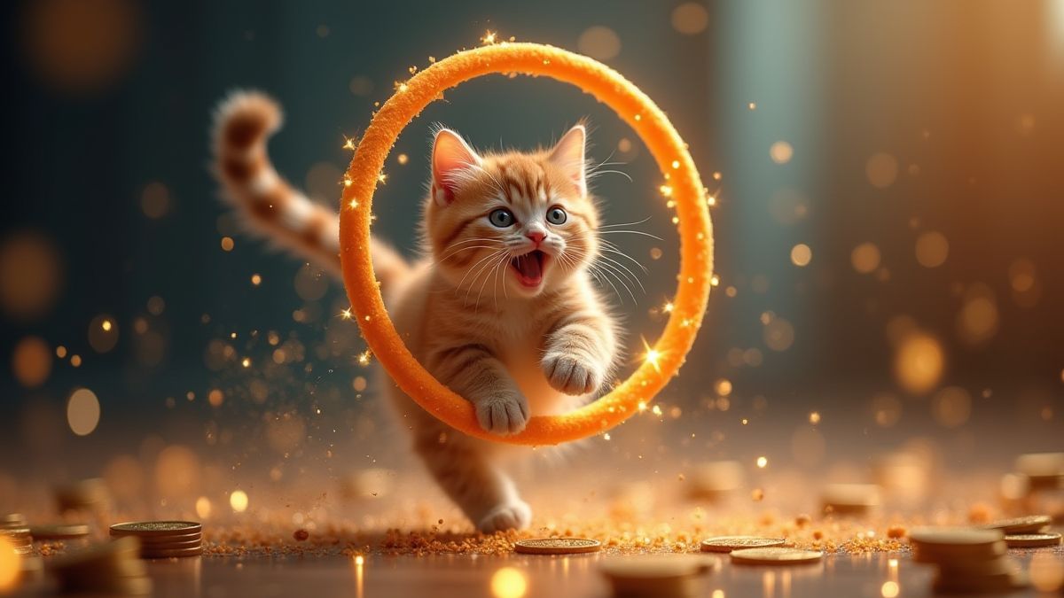 Gato juguetón saltando por un aro rodeado de destellos y monedas.
