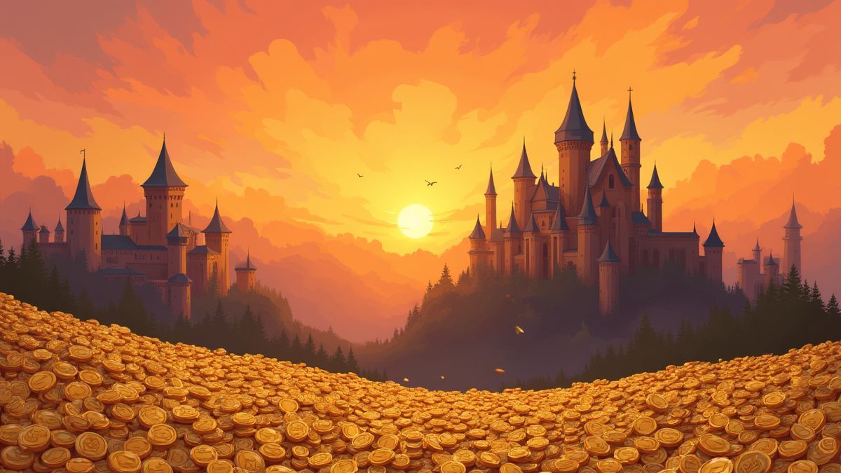 Castillos medievales rodeados de monedas de oro bajo un cielo al atardecer.