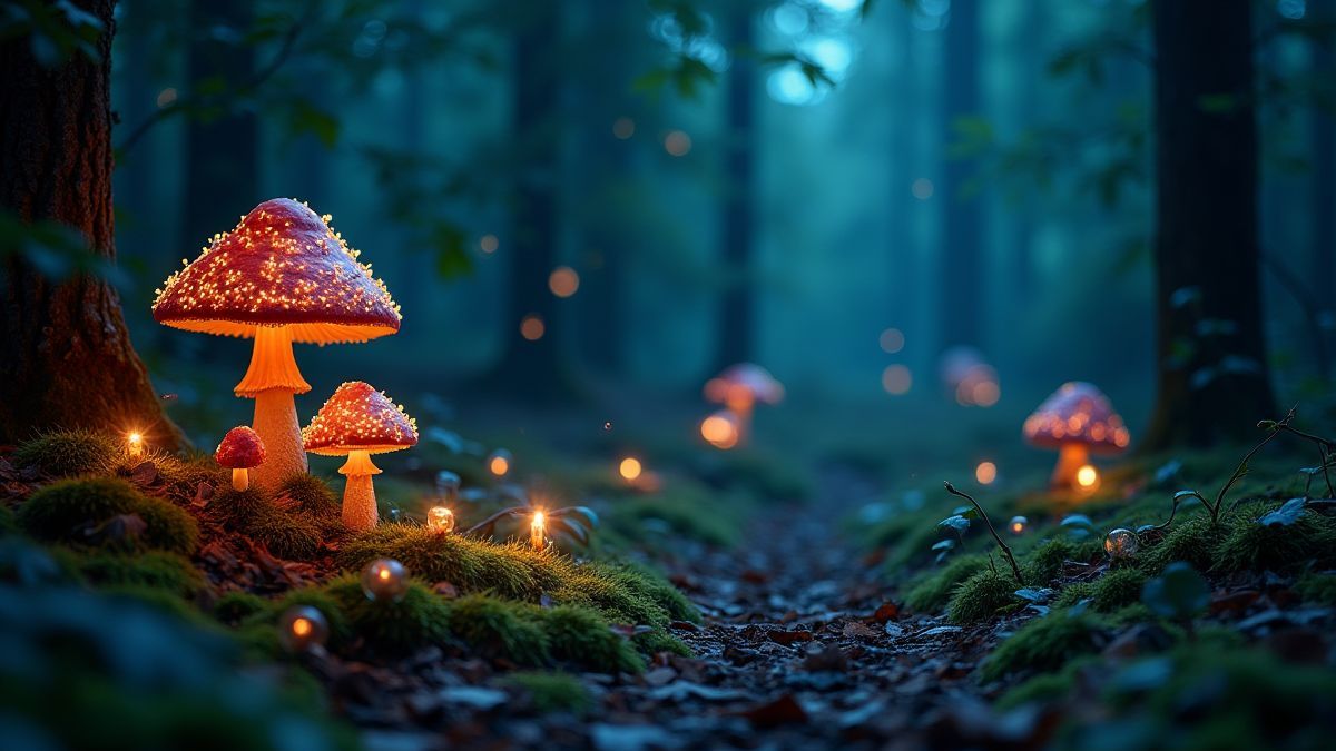 Bosque encantado con setas brillantes y tesoros escondidos entre los árboles.