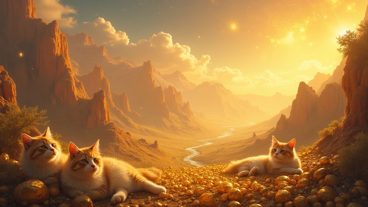A valley full of treasures and cats resting under a bright sky.