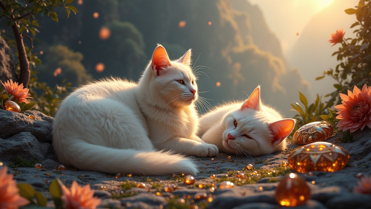 Elegant cats resting in a fantasy valley surrounded by shiny treasures.