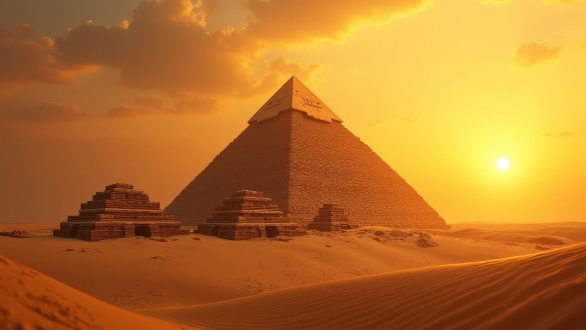 Pyramide ancienne au coucher du soleil entourée de sable doré.