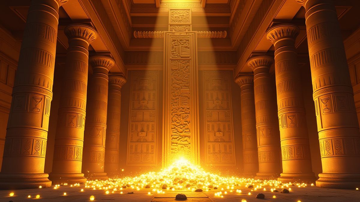 Interior de un templo egipcio con jeroglíficos dorados y tesoros brillantes.