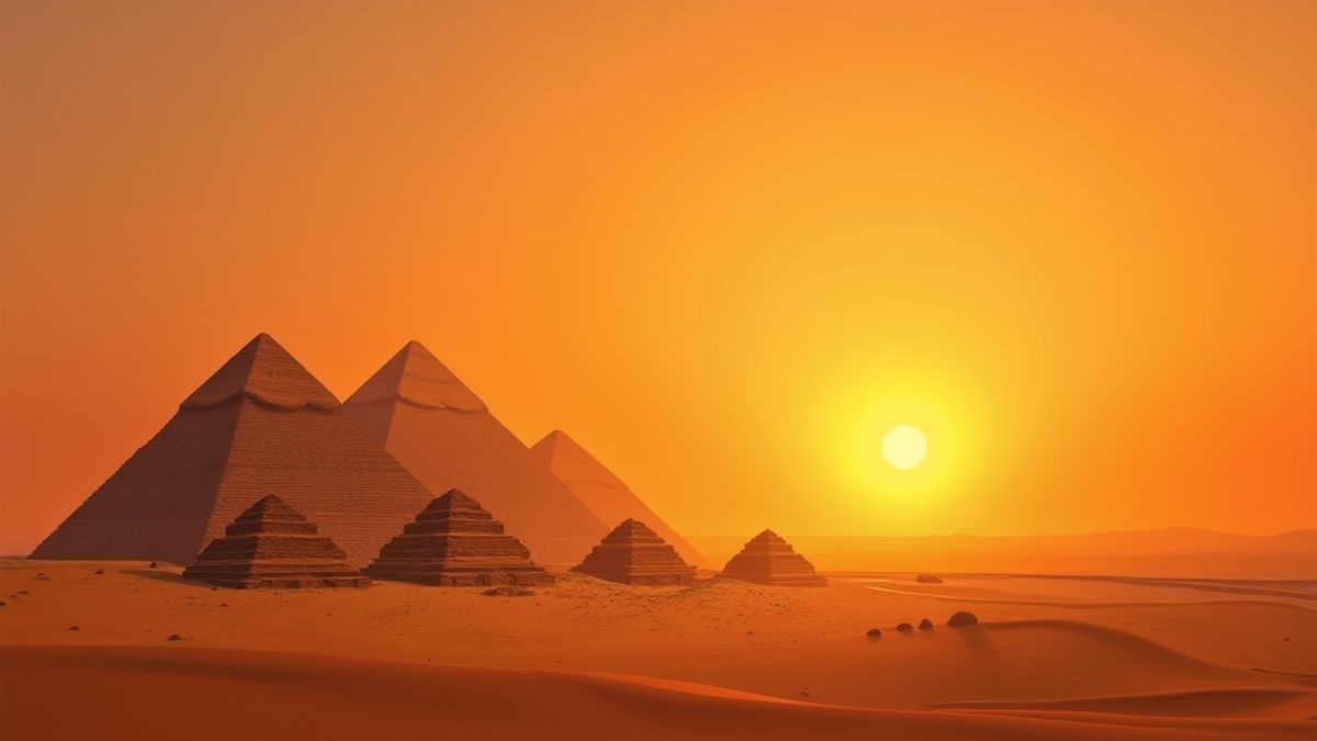 Paisaje desértico con pirámides y un atardecer dorado.