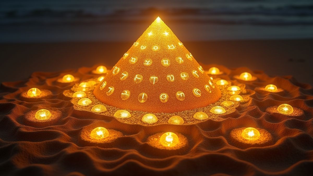 Goldene Pyramiden umgeben von leuchtenden Symbolen im Sand.