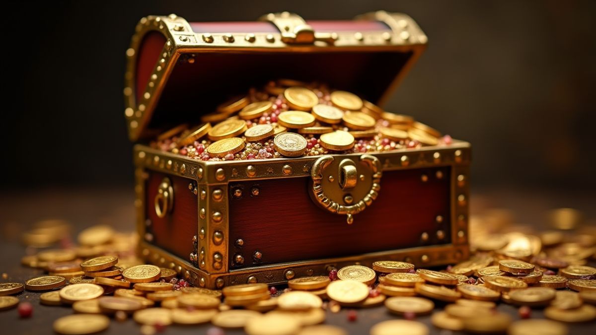 Schatztruhe voller Goldmünzen und Juwelen.
