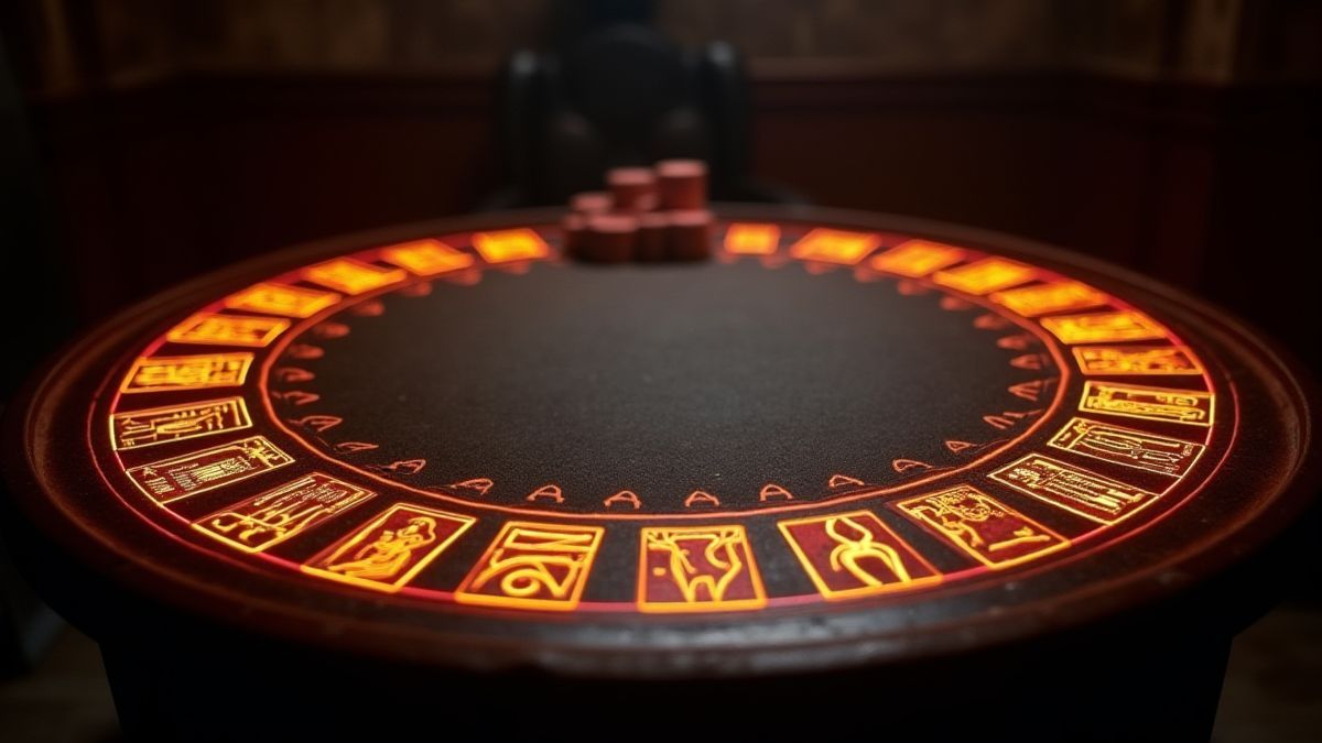 Pokertisch geschmückt mit leuchtenden ägyptischen Hieroglyphen.