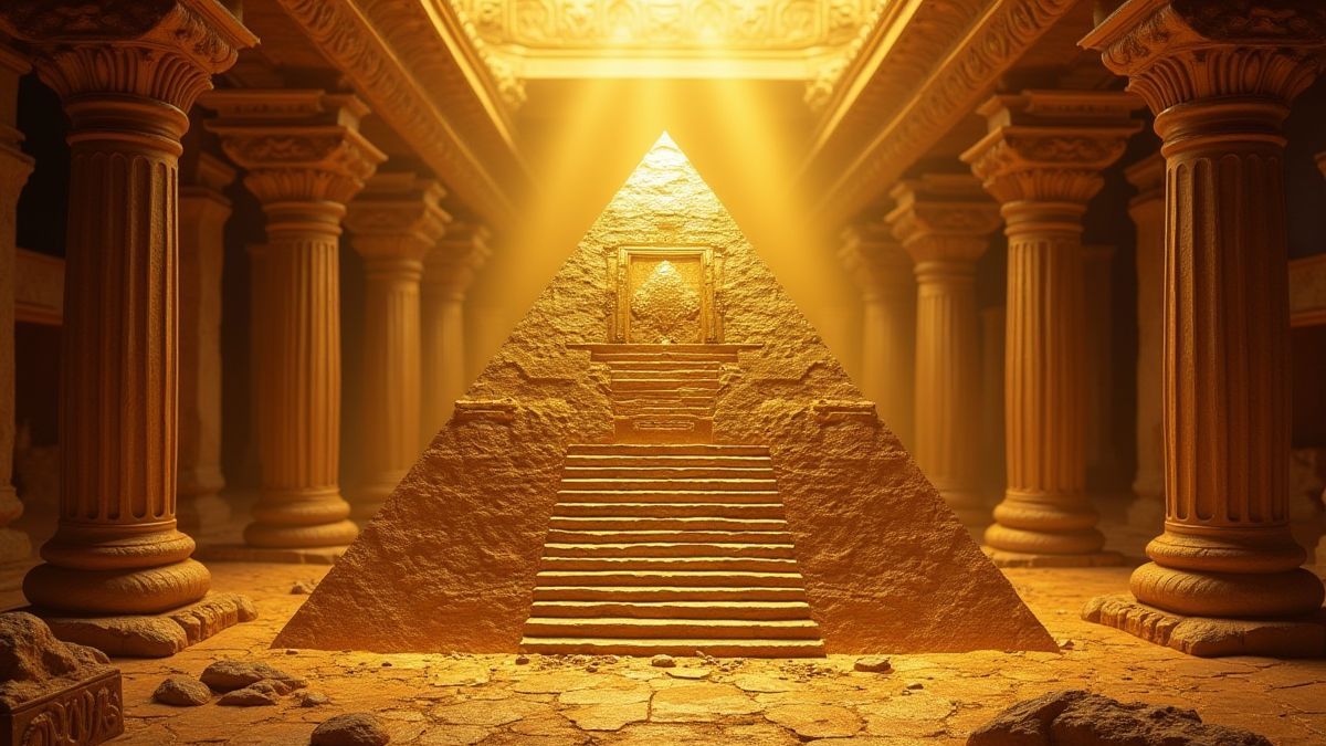 Innenansicht einer Pyramide mit goldenen Schätzen und antiken Artefakten.