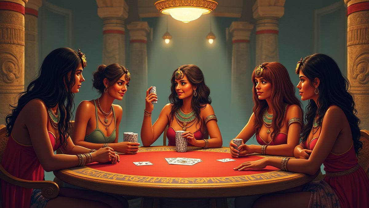 Gruppe von Menschen, die Poker in einer mystischen ägyptischen Umgebung spielen.