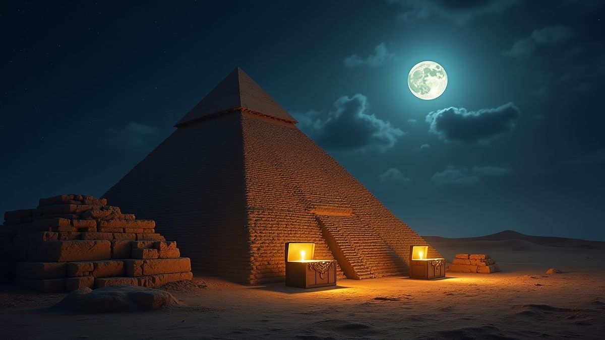 Uma pirâmide egípcia sob a luz da lua com cofres do tesouro ao redor.