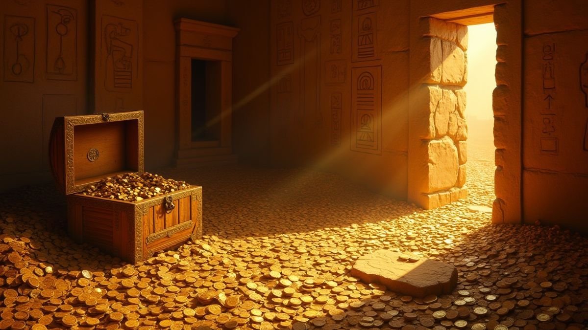 Uma sala do tesouro dentro de uma pirâmide antiga cheia de moedas de ouro e hieróglifos nas paredes.