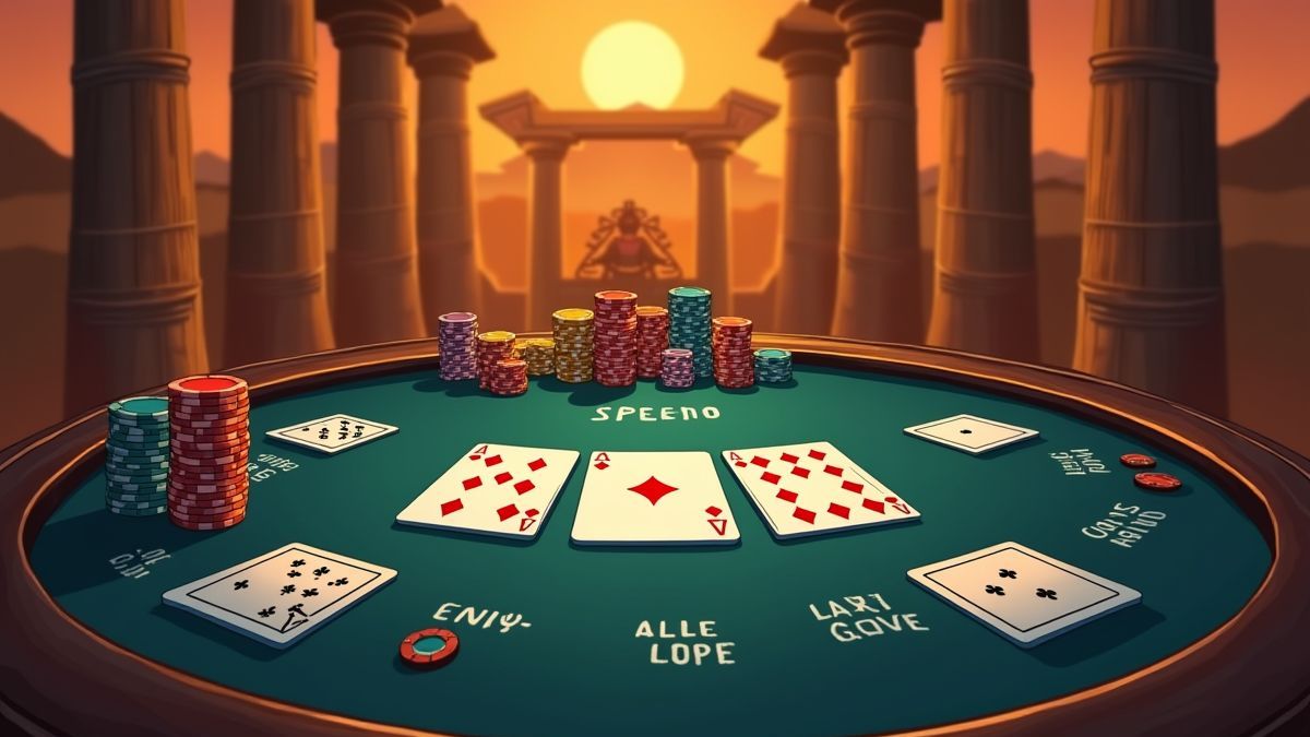 Mesa de pôker com fichas e cartas sobre um fundo temático egípcio.