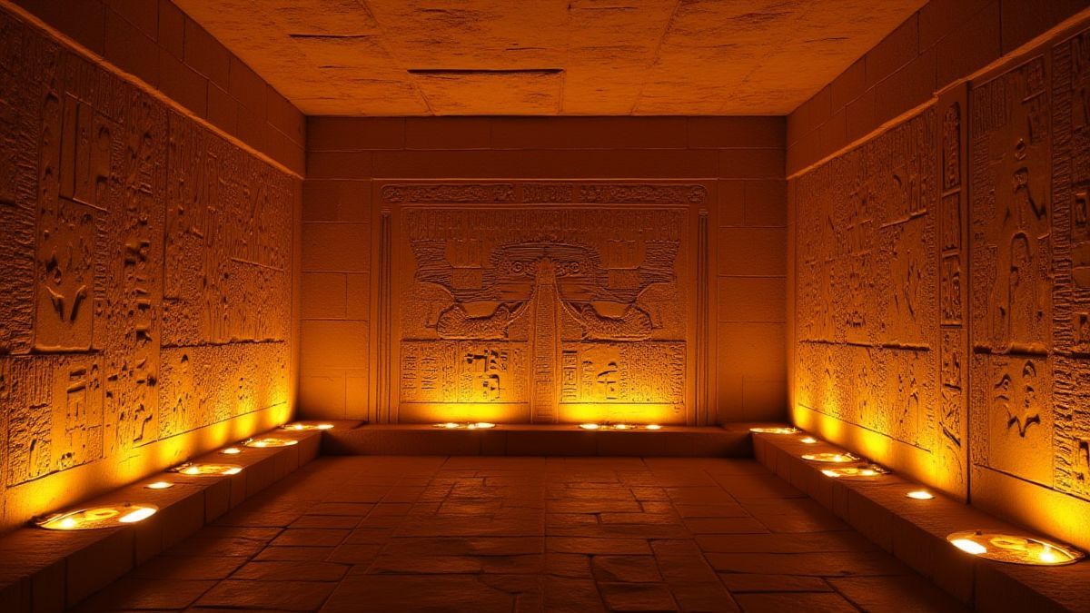 Ein antikes ägyptisches Grab mit leuchtenden Hieroglyphen an den Wänden.