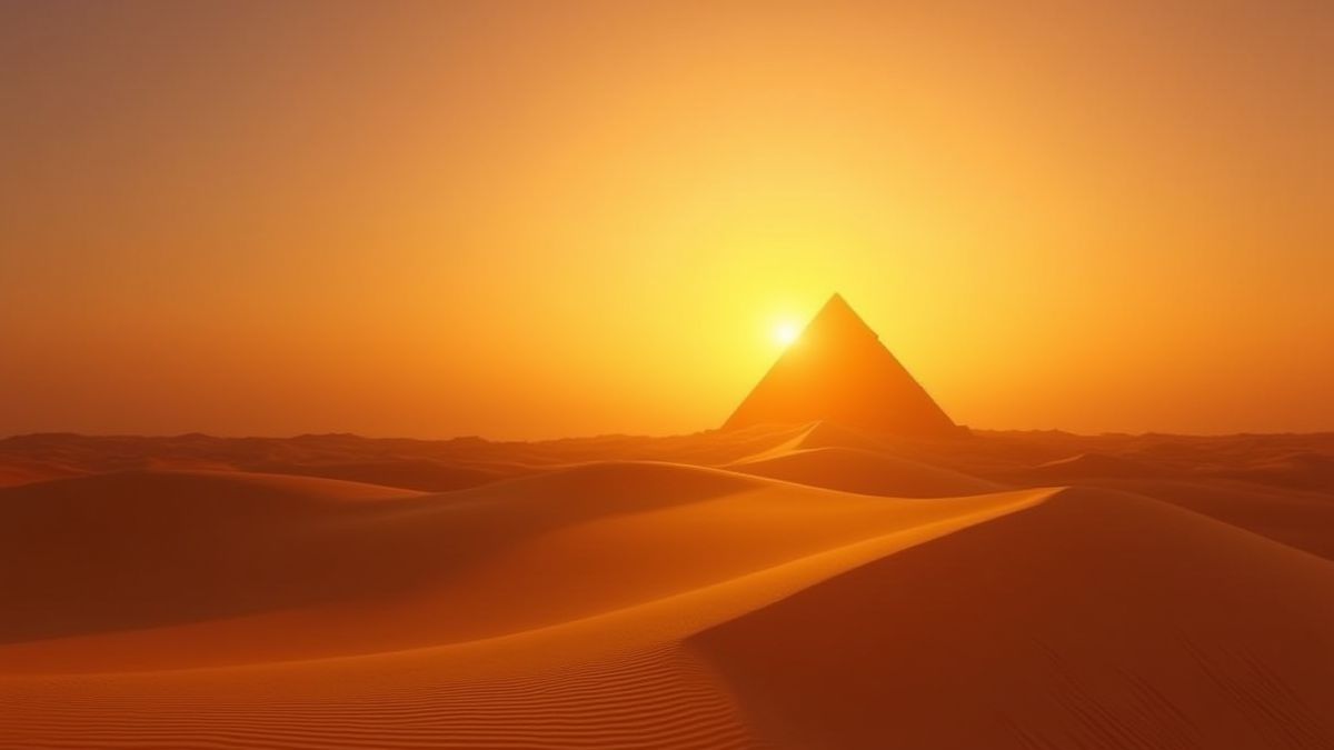 Goldene Sanddünen unter einem strahlenden Sonnenuntergang in der Nähe einer Pyramide.