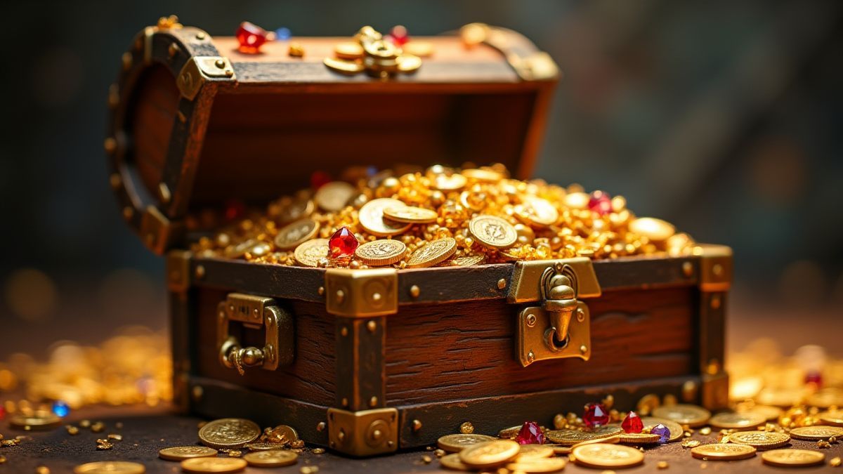 Eine Schatztruhe, die überquillt mit Goldmünzen und Juwelen.