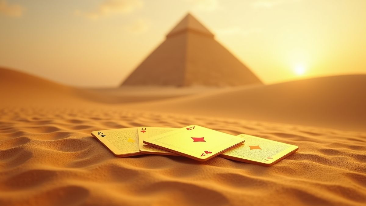 Cartas doradas en el desierto con una pirámide al fondo.