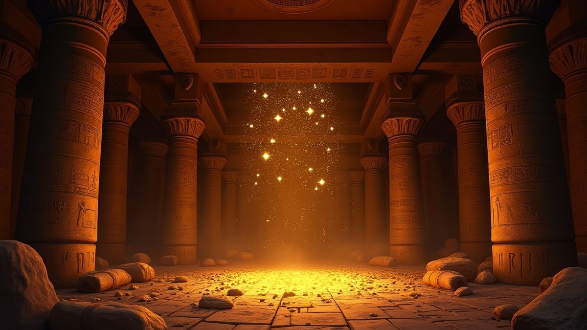 Interior de una tumba egipcia con jeroglíficos iluminados y tesoros esparcidos.