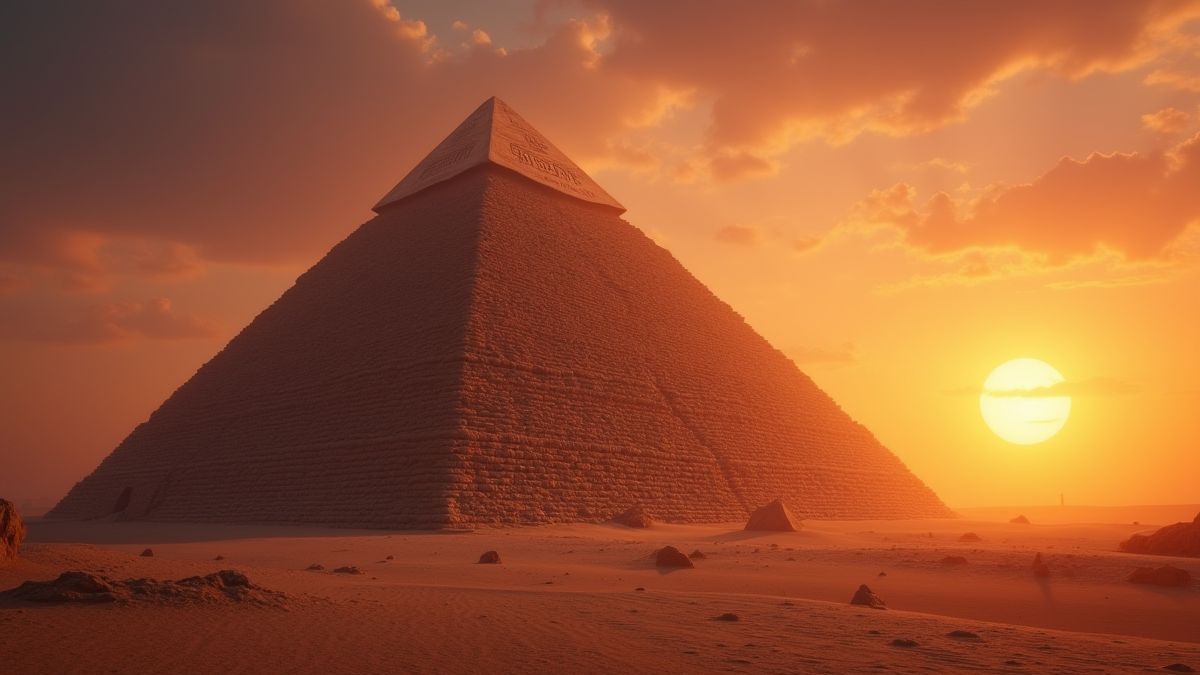 Uma pirâmide iluminada com hieróglifos misteriosos.