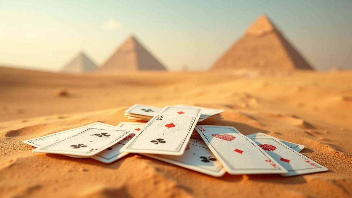 Uma baraja de cartas junto às pirâmides no deserto.