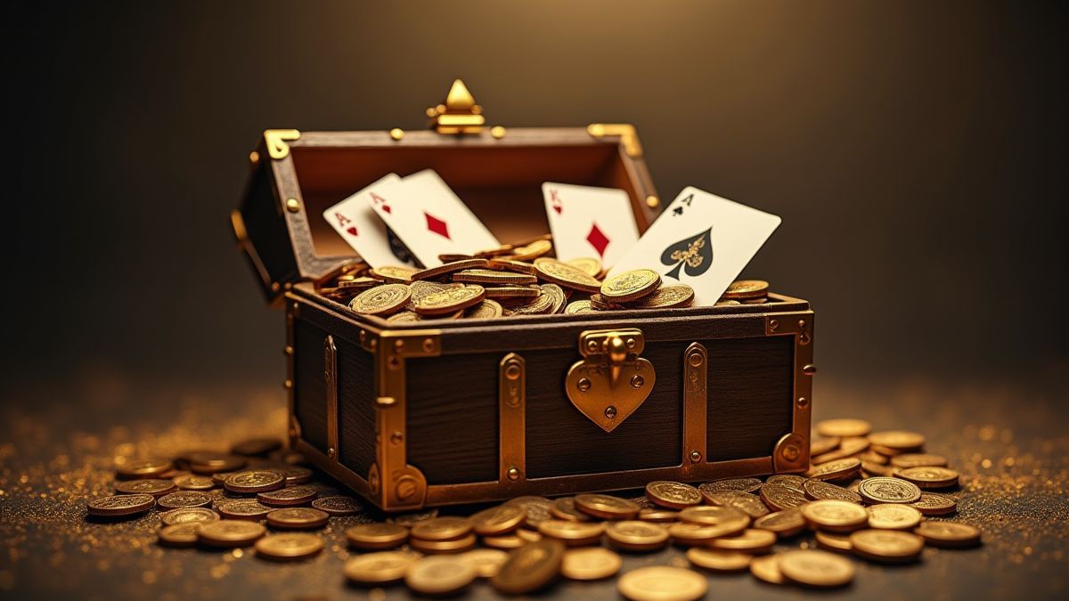 Um cofre do tesouro com moedas e cartas de pôquer dentro de uma pirâmide.