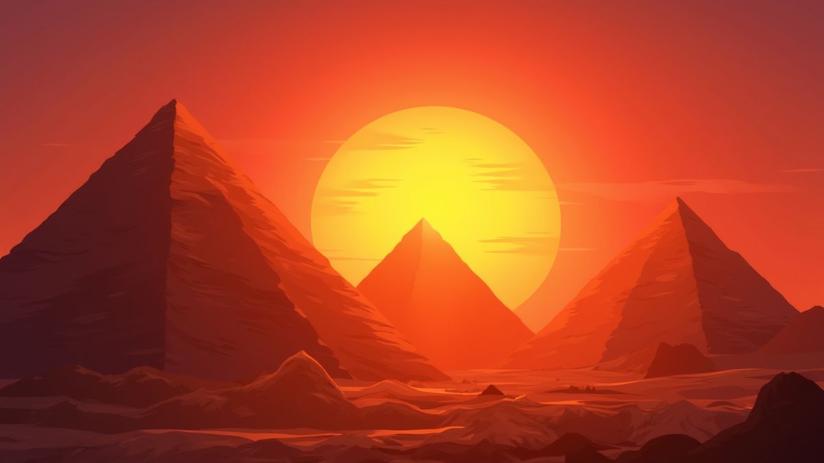 Pyramides égyptiennes au coucher du soleil dans un style animé.