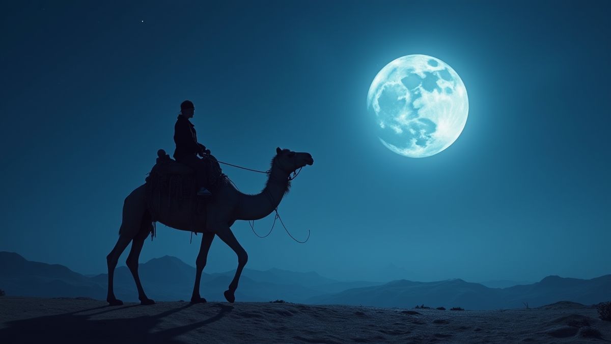 Chameau mystique avec trésors sous la lumière de la lune.