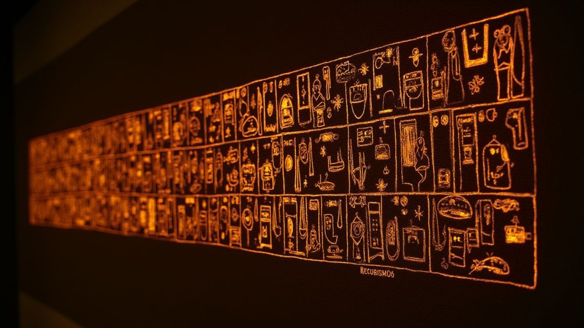 Egyptian hieroglyphics glowing on a dark wall.