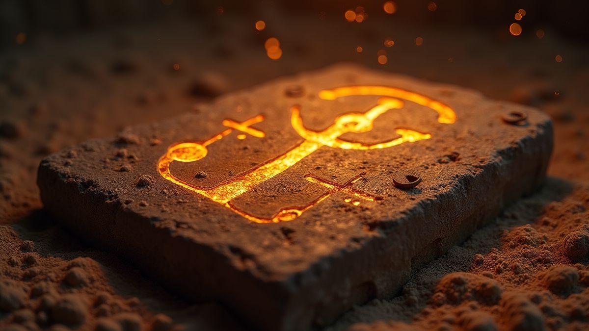 Egyptian hieroglyphs glowing on a stone tablet surrounded by sand.
