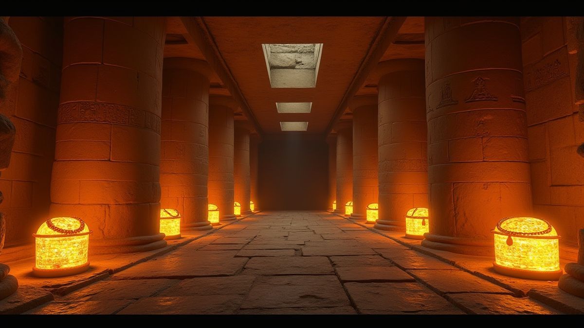 Egyptian tomb with shining treasures and mysterious artifacts.