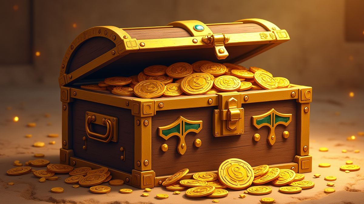 Egyptian treasure chest filled with gold coins and jewels.