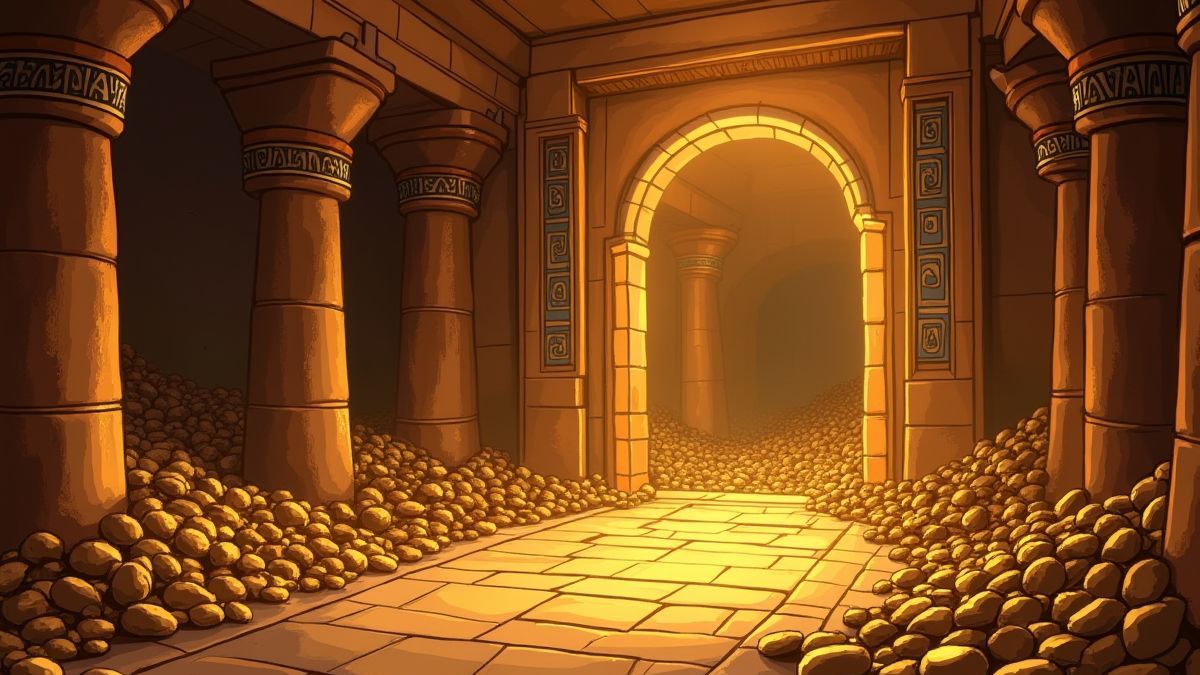 Interior of an Egyptian tomb filled with gold and treasures.