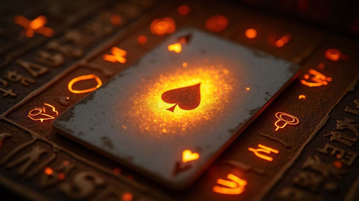 A glowing poker card surrounded by Egyptian hieroglyphs.