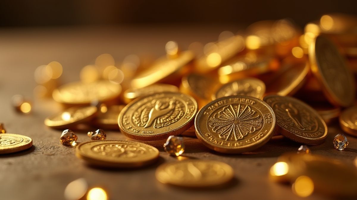 Monedas de oro y joyas en una mesa egipcia antigua.