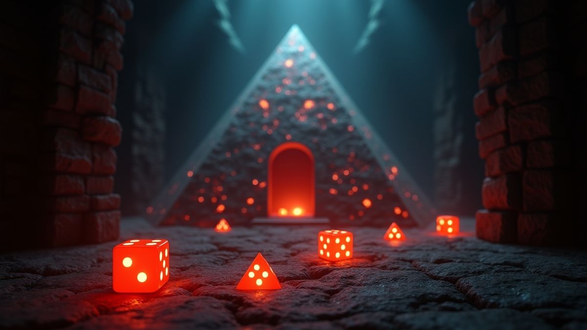 Glowing dice rolling inside a mysterious pyramid chamber.