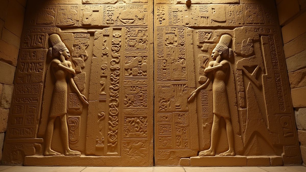 Hieroglyphs on a stone wall with golden details.