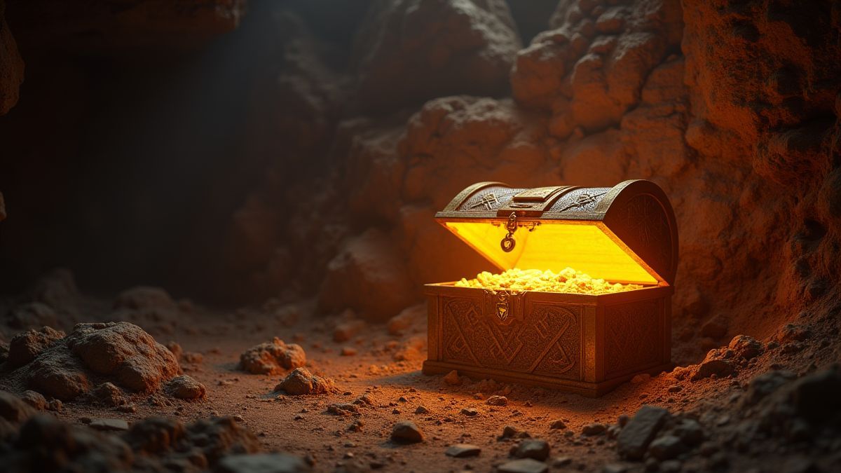 Glowing treasure chest inside an ancient pyramid.