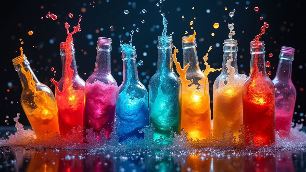 Bunte Glasflaschen zerbrechen und leuchtende Flüssigkeiten freisetzen.