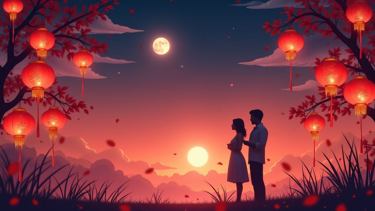 Une scène de festival romantique chinois avec des lanternes et un ciel éclairé par la lune.