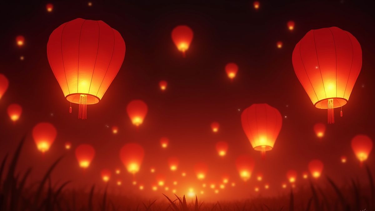 Farolillos chinos de colores rojo y dorado flotando en el cielo nocturno.